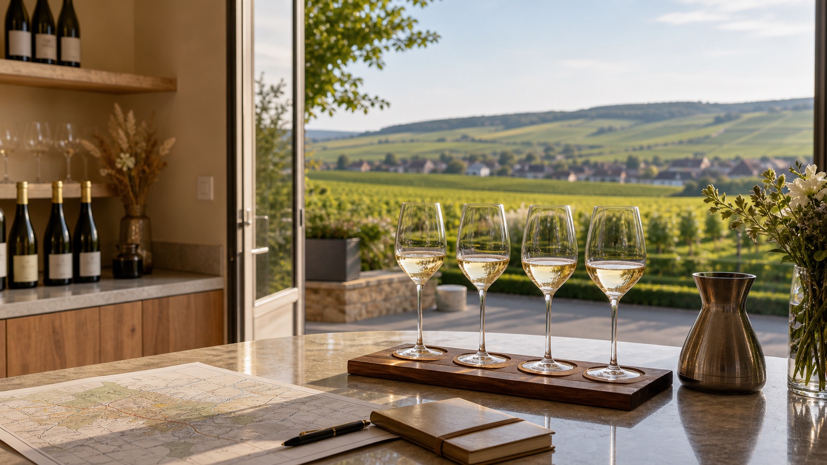 Welcoming Champagne tasting room with glasses and vineyard view for first-time visitors