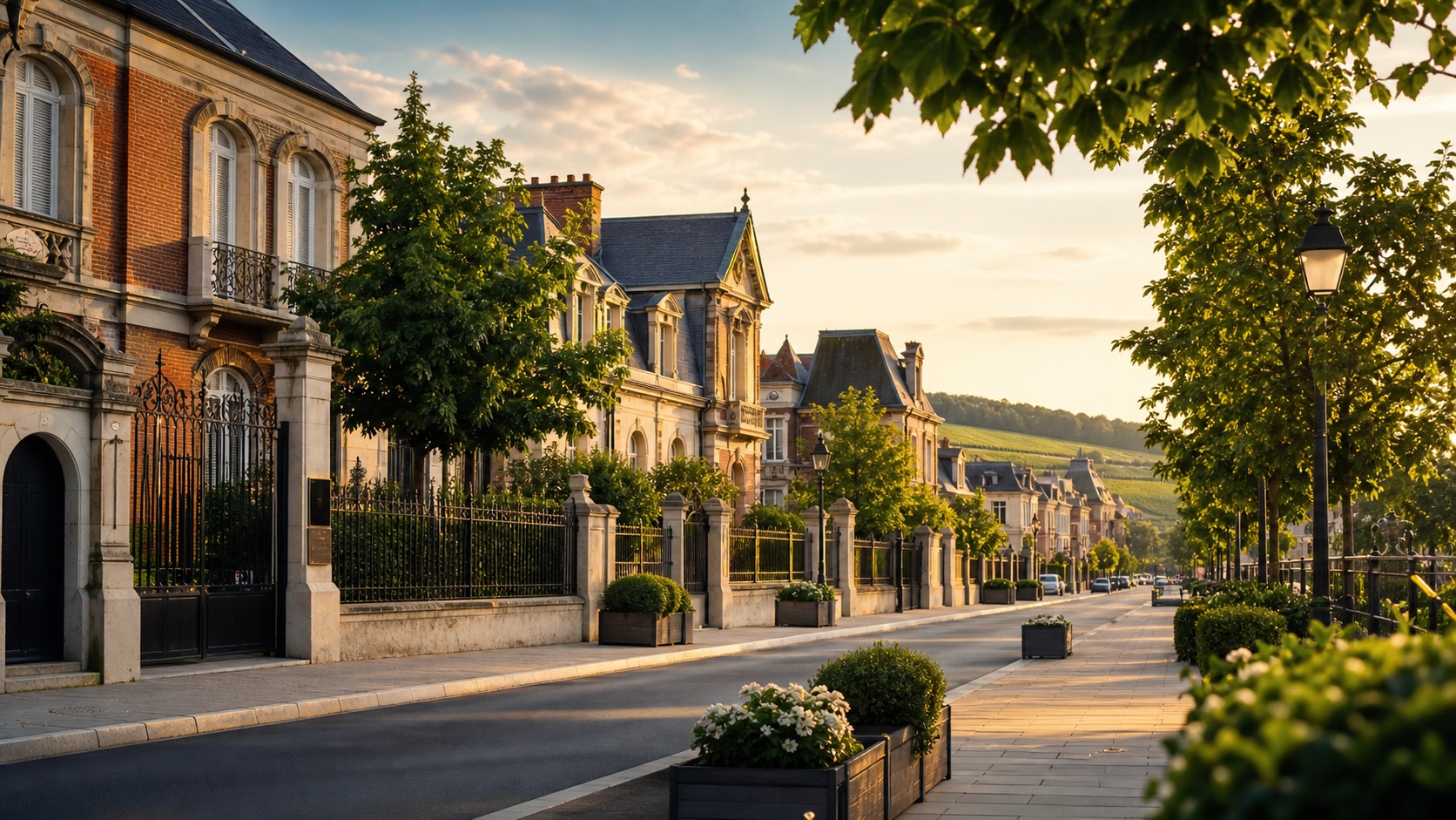 Avenue de Champagne in Epernay with elegant house facades and vineyard hills
