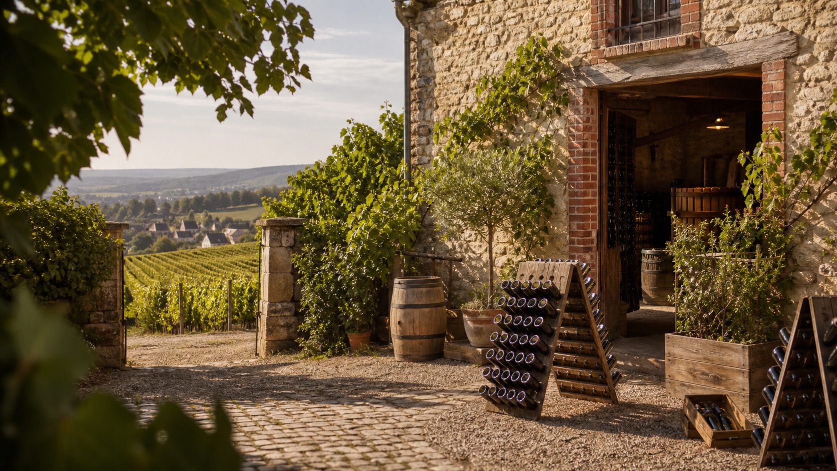 Small Champagne producer courtyard beside vineyards and a cellar doorway