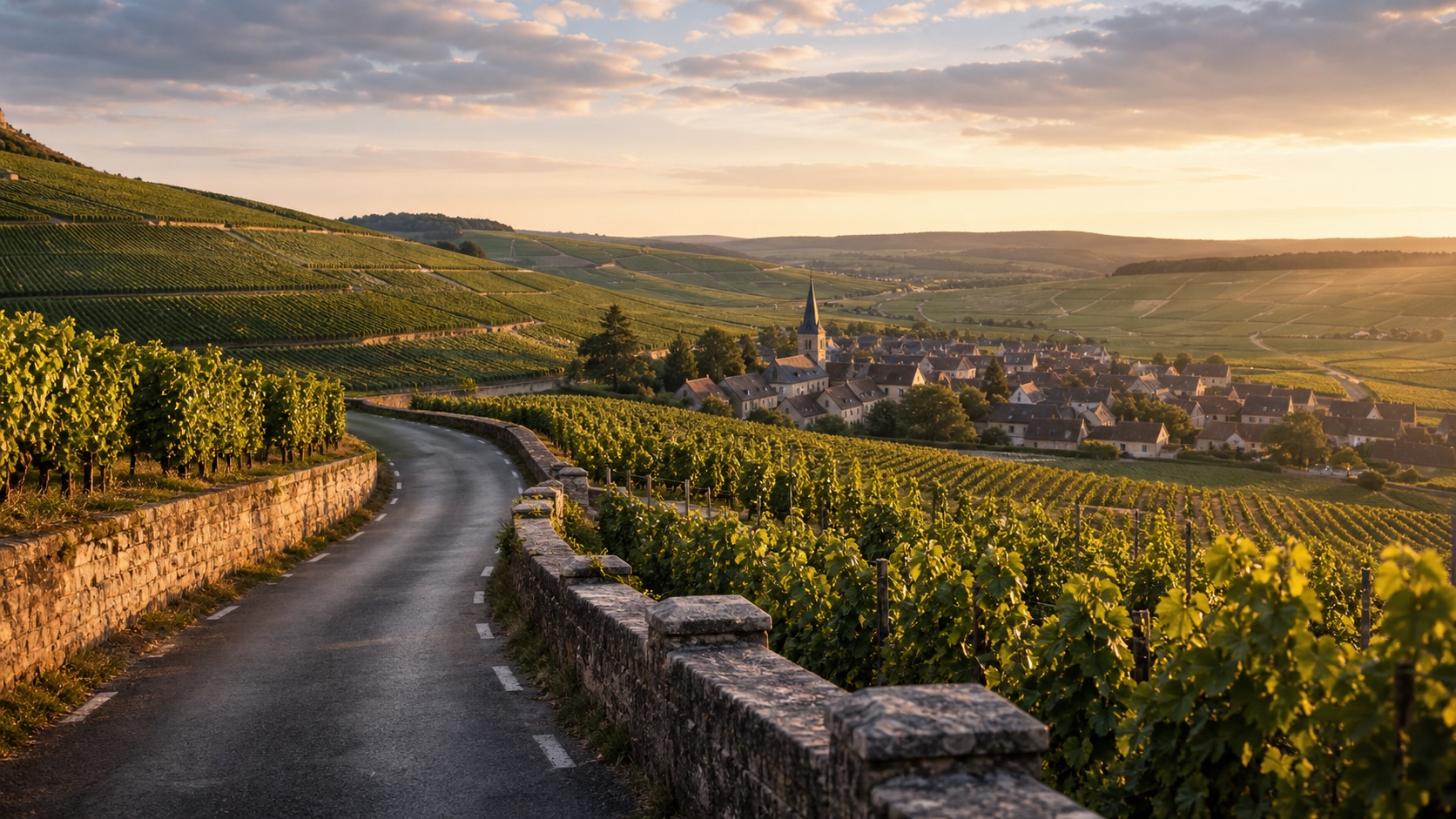 Scenic road curving through Champagne vineyards and village rooftops
