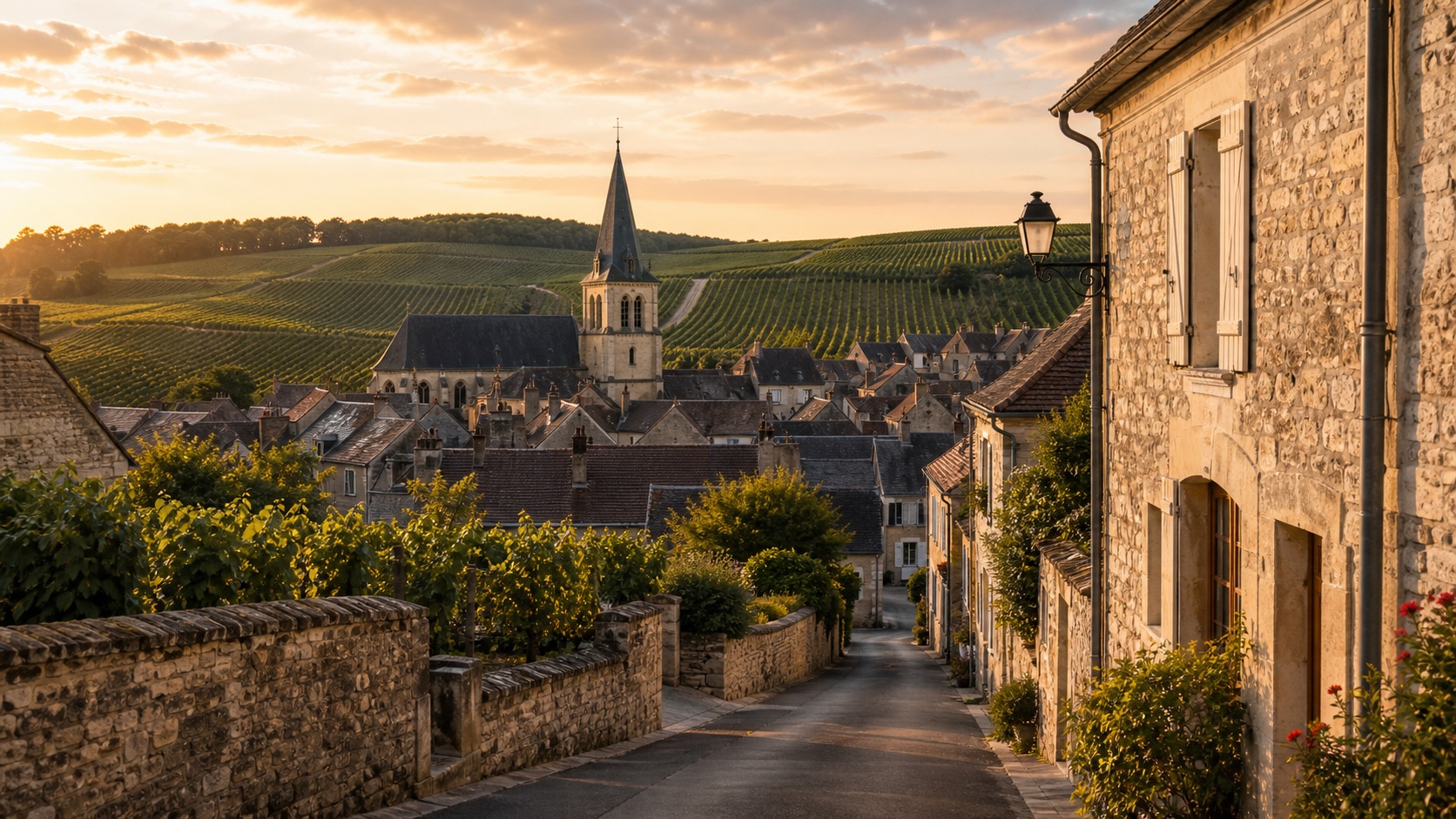 Champagne village lane with stone houses and vineyard slopes