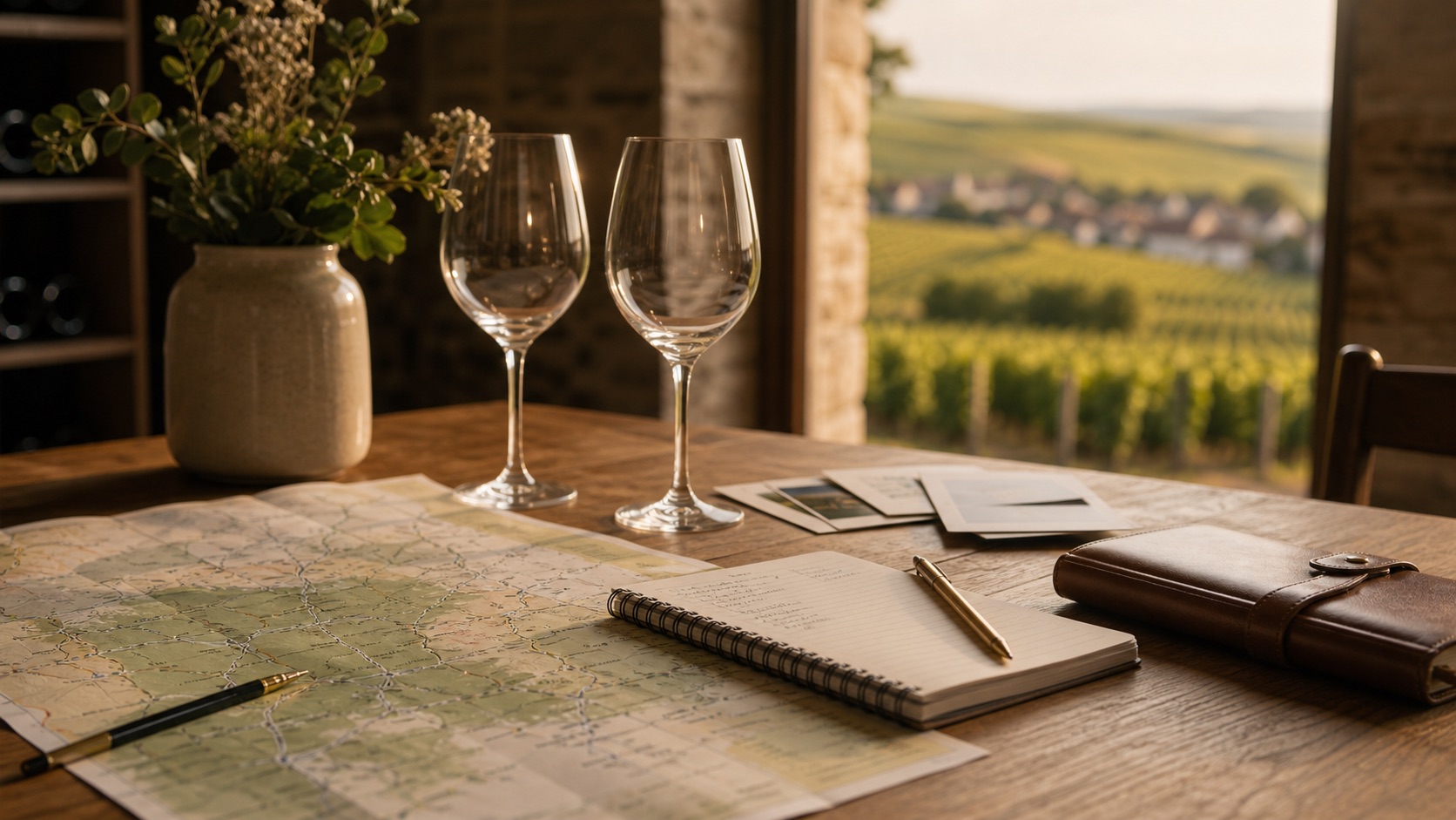 Champagne tasting trip planning table with map, notebook, and tasting glasses