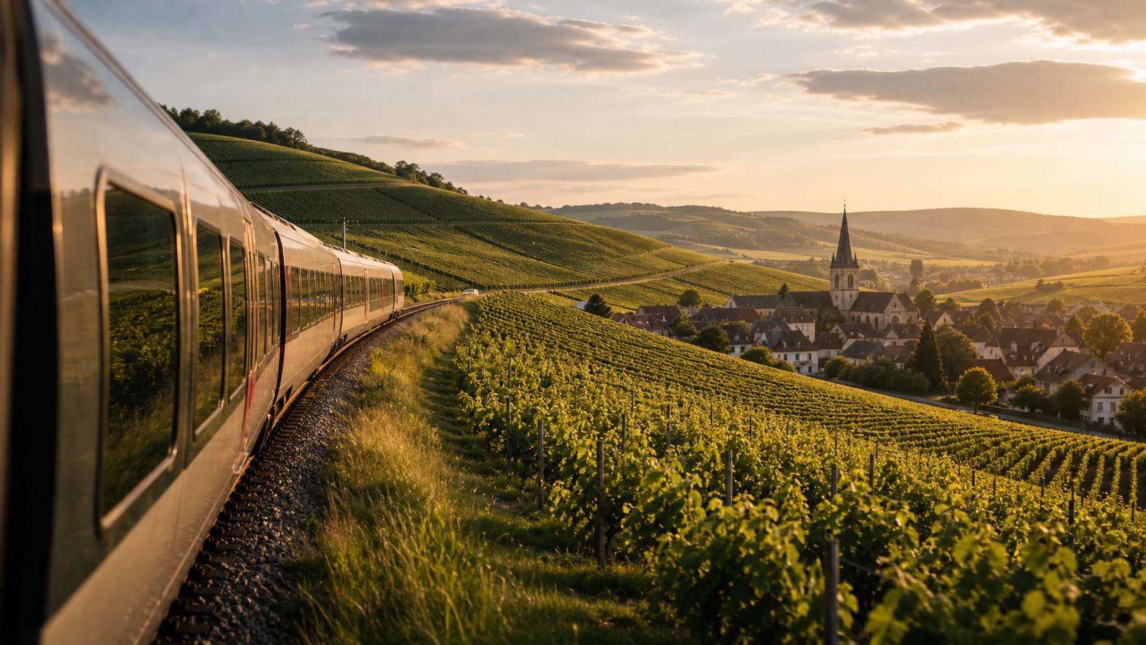 Train day trip planning scene with Champagne map and travel bag