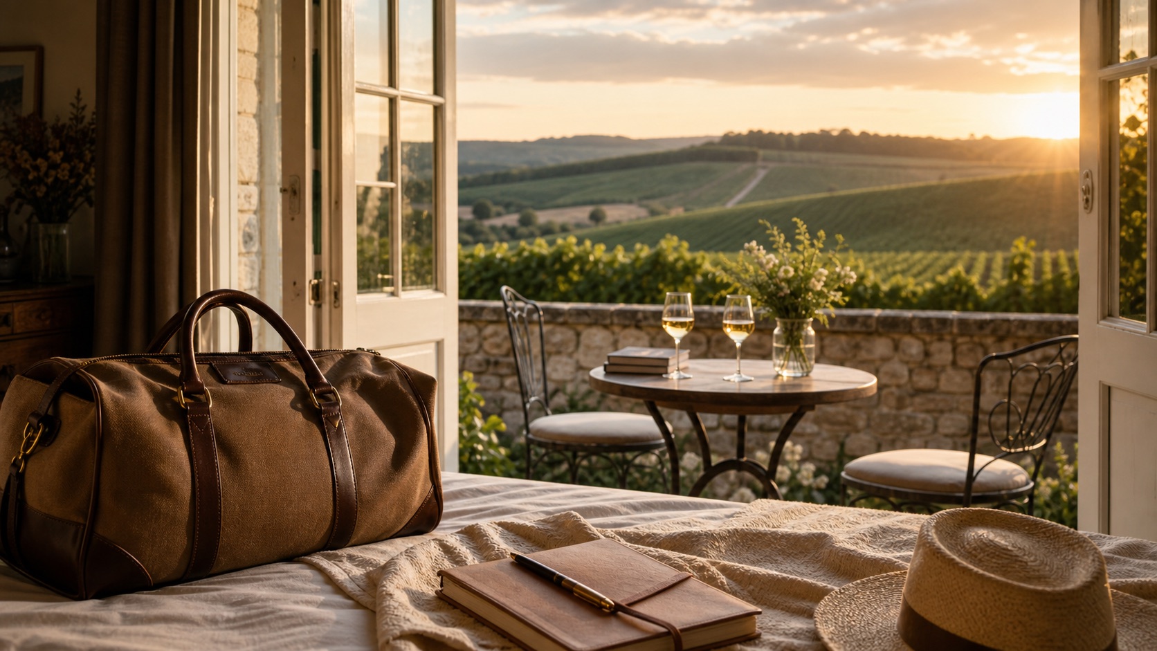 Weekend Champagne itinerary scene overlooking vineyards from a guesthouse terrace